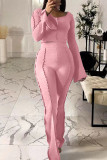Розовый модный повседневный однотонный пэчворк с круглым вырезом и длинным рукавом из двух частей