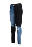 Jeans de cintura alta básico azul preto moda patchwork casual