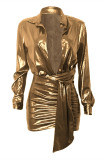 Paarse mode sexy bronzing patchwork frenulum turndown kraag lange mouwen jurken