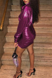 Vestidos de manga larga con cuello vuelto y frenillo de retazos bronceadores sexys de moda púrpura