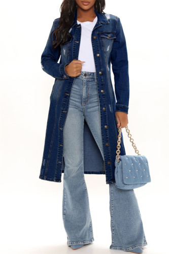 Темно-синяя модная повседневная однотонная джинсовая куртка в стиле пэчворк с отложным воротником и длинными рукавами