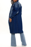 Diepblauw mode casual effen patchwork turndown kraag spijkerjack met lange mouwen