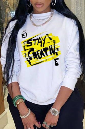 White Casual Street Print Patchwork Letter O Neck Tops
