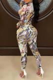 Multicolor Fashion Casual Print Basic Half A Turtleneck Skinny Jumpsuits