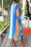 Blauwe casual gestreepte print patchwork asymmetrische O-hals onregelmatige jurk Jurken