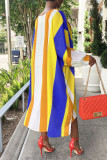 Yellow Casual Striped Print Patchwork Asymmetrical O Neck Irregular Dress Dresses