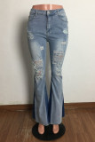 Babyblått Mode Casual Patchwork Ripped Mid Waist Vanliga jeans