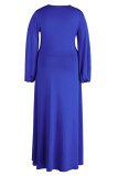 ディープブルーのエレガントな固体パッチワーク小帯高開口部 V ネック長袖プラスサイズのドレス
