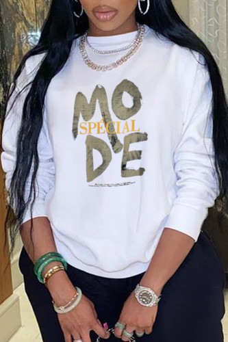 White Casual Street Print Patchwork Letter O Neck Tops