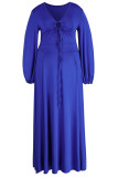 ディープブルーのエレガントな固体パッチワーク小帯高開口部 V ネック長袖プラスサイズのドレス