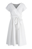 Weiße, modische, sexy, solide Patchwork-Kleider mit V-Ausschnitt und A-Linie