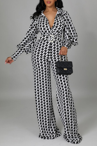 Black Fashion Print Split Joint With Belt V Neck Straight Jumpsuits