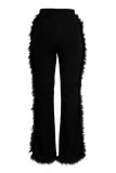 Black Fashion Solid Patchwork Feathers Boot Cut High Waist Speaker Solid Color Bottoms