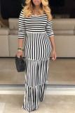 White Casual Striped Print Patchwork O Neck Straight Dresses