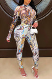 マルチカラー ファッション カジュアル 印刷 ベーシック ハーフA タートルネック スキニー ジャンプスーツ
