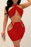 Rose Red Sexy Patchwork Hollowed Out See-through Backless Turtleneck Sleeveless Three-piece Set