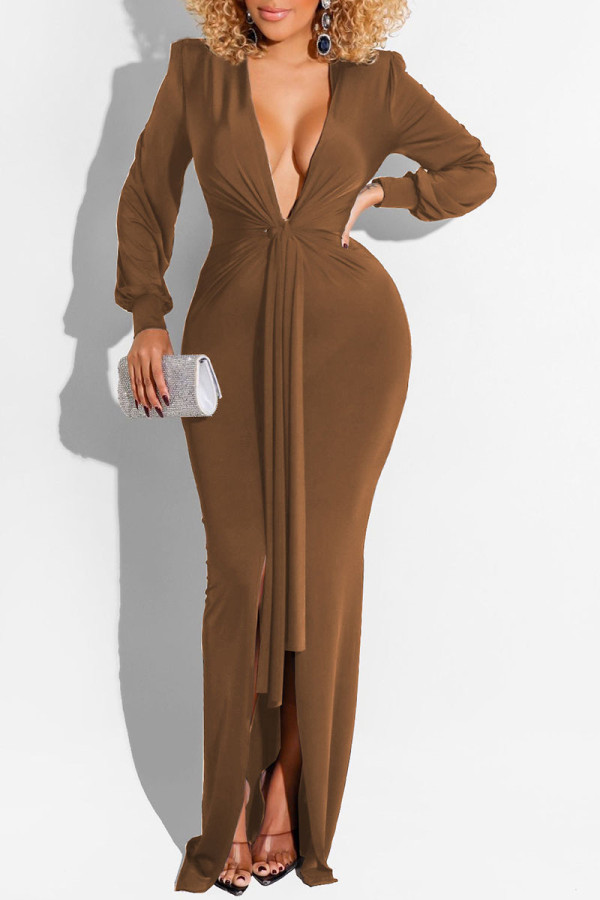 Brown Sexy Solid Patchwork Asymmetrical V Neck Straight Dresses