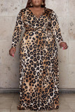 Vestidos com estampa de leopardo moda casual estampa bandagem decote em v manga longa plus size