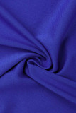 Diepblauwe elegante effen patchwork frenulum hoge opening V-hals lange mouwen grote maten jurken
