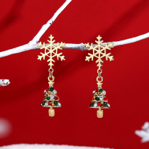 Gouden casual zoete feestsneeuwvlokken kerstboom bedrukte patchwork oorbellen