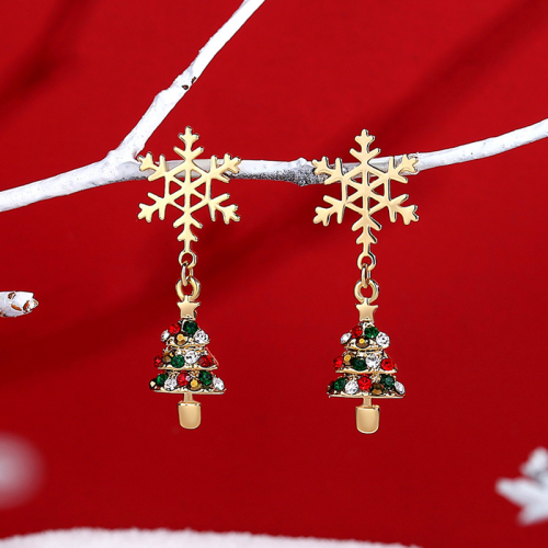 Boucles d'oreilles en forme d'arbre de Noël imprimé de flocons de neige de fête douce décontractée en or