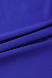 Tiefblaue, elegante, solide Patchwork-Frenulum-Kleider mit hoher Öffnung und V-Ausschnitt und langen Ärmeln in Übergröße