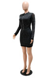 Black Fashion Sexy Patchwork Hot Drilling See-through O Neck Long Sleeve Dresses