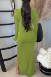Light Green Fashion Casual Solid Slit Turtleneck Long Sleeve Dresses