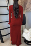 Rose Red Fashion Casual Solid Slit Turtleneck Long Sleeve Dresses