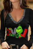 Black Green Casual Party Snowflakes Santa Claus Christmas Tree Printed Snowman Printed Patchwork V Neck Tops