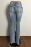 Baby Blue Fashion Casual Patchwork Ripped Mid Waist Regular Denim Jeans