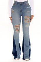 Голубые модные повседневные рваные джинсы в стиле пэчворк со средней талией