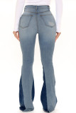 Jeans jeans azul bebê moda casual patchwork rasgado cintura média
