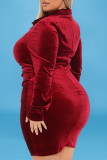 Vestidos casuais vermelho fashion com dobra sólida gola virada para baixo manga longa plus size