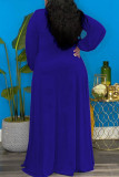 Azul profundo elegante sólido retalhos frenulum alta abertura decote em v manga comprida vestidos plus size