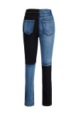 Jeans de cintura alta básico azul preto moda patchwork casual