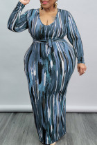 Blauwe Mode Casual Print Basic U-hals Lange mouw Grote maten jurken
