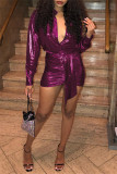 Vestidos de manga larga con cuello vuelto y frenillo de retazos bronceadores sexys de moda púrpura