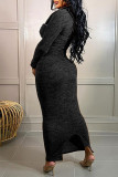 ブラックファッションセクシーなソリッドくり抜きパッチワーク長袖ドレス