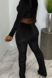 Black Sexy Solid Patchwork Fold V Neck Long Sleeve Two Pieces