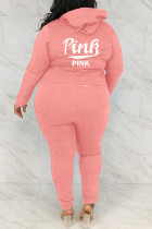 Cuello con capucha básico con estampado de letras casual de moda rosa de talla grande de dos piezas