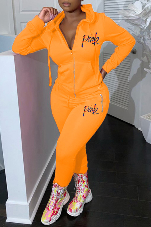 オレンジ ファッション カジュアル レター プリント パッチワーク フード付き襟長袖 XNUMX ピース