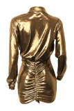 Rose Gold Mode Sexig Bronzing Patchwork Frenulum Turndown-krage Långärmade Klänningar