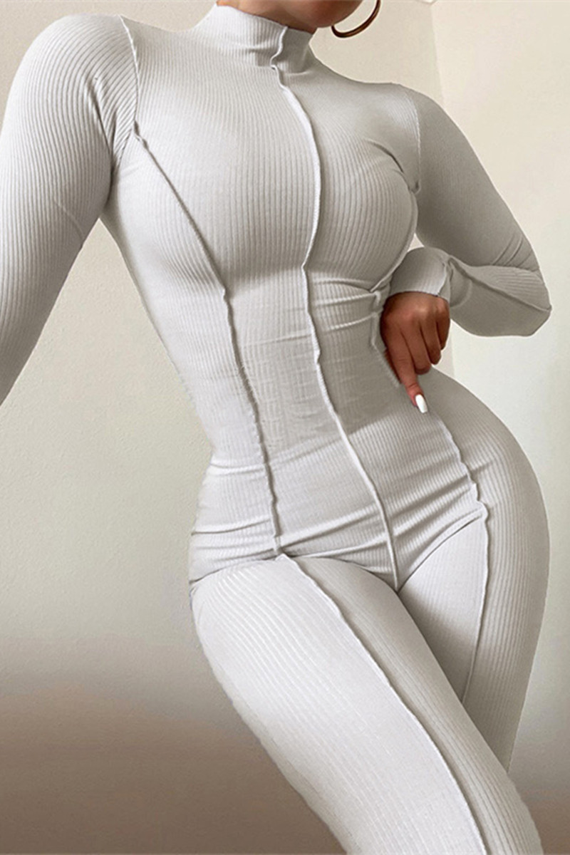 

White Fashion Casual Solid Split Joint Turtleneck Skinny Jumpsuits