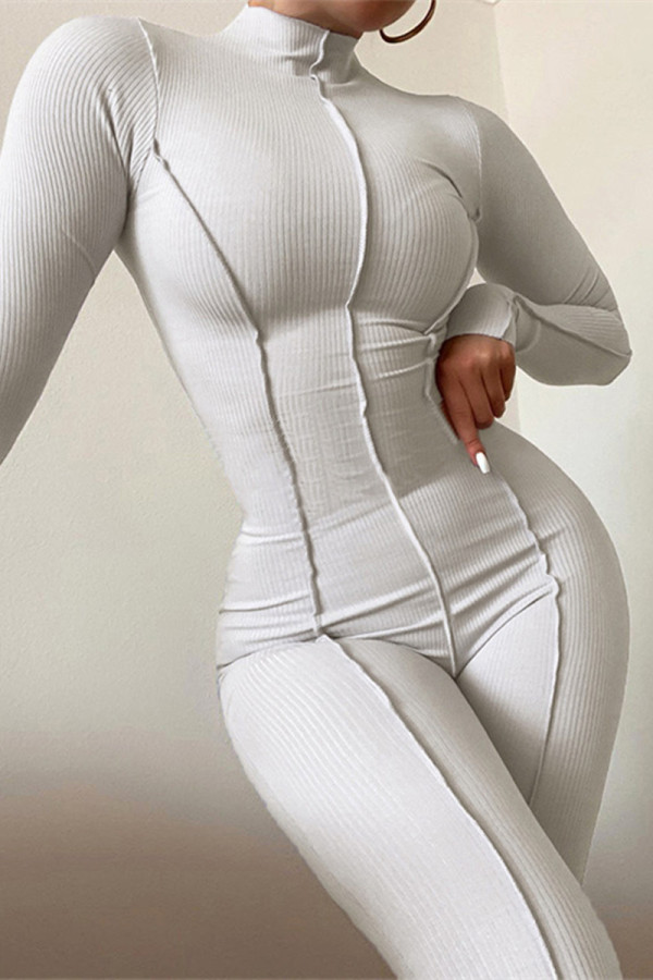 White Fashion Casual Solid Patchwork Turtleneck Skinny Jumpsuits