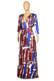 ブルゴーニュ ファッション カジュアル プラス サイズ プリント包帯 V ネック ロング ドレス