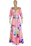 ピンク ファッション カジュアル プラス サイズ プリント バンデージ V ネック ロング ドレス