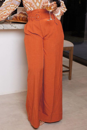 Rojo mandarina Casual elegante parches lisos con cinturón pierna ancha recta pantalones de color sólido