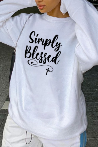 White Fashion Casual Print Patchwork Letter O Neck Tops