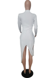 Weiße, sexy bedruckte Patchwork-Kleider mit halbem Rollkragen und unregelmäßigem Kleid